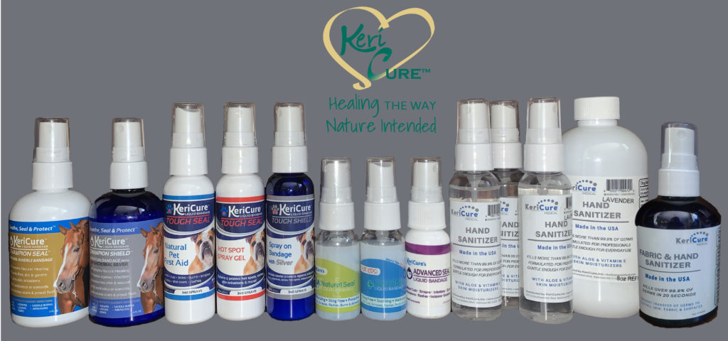 KeriCure's complete line of moisturizing hand sanitizer and spray on wound care bandages safe for the whole family, made in the USA.